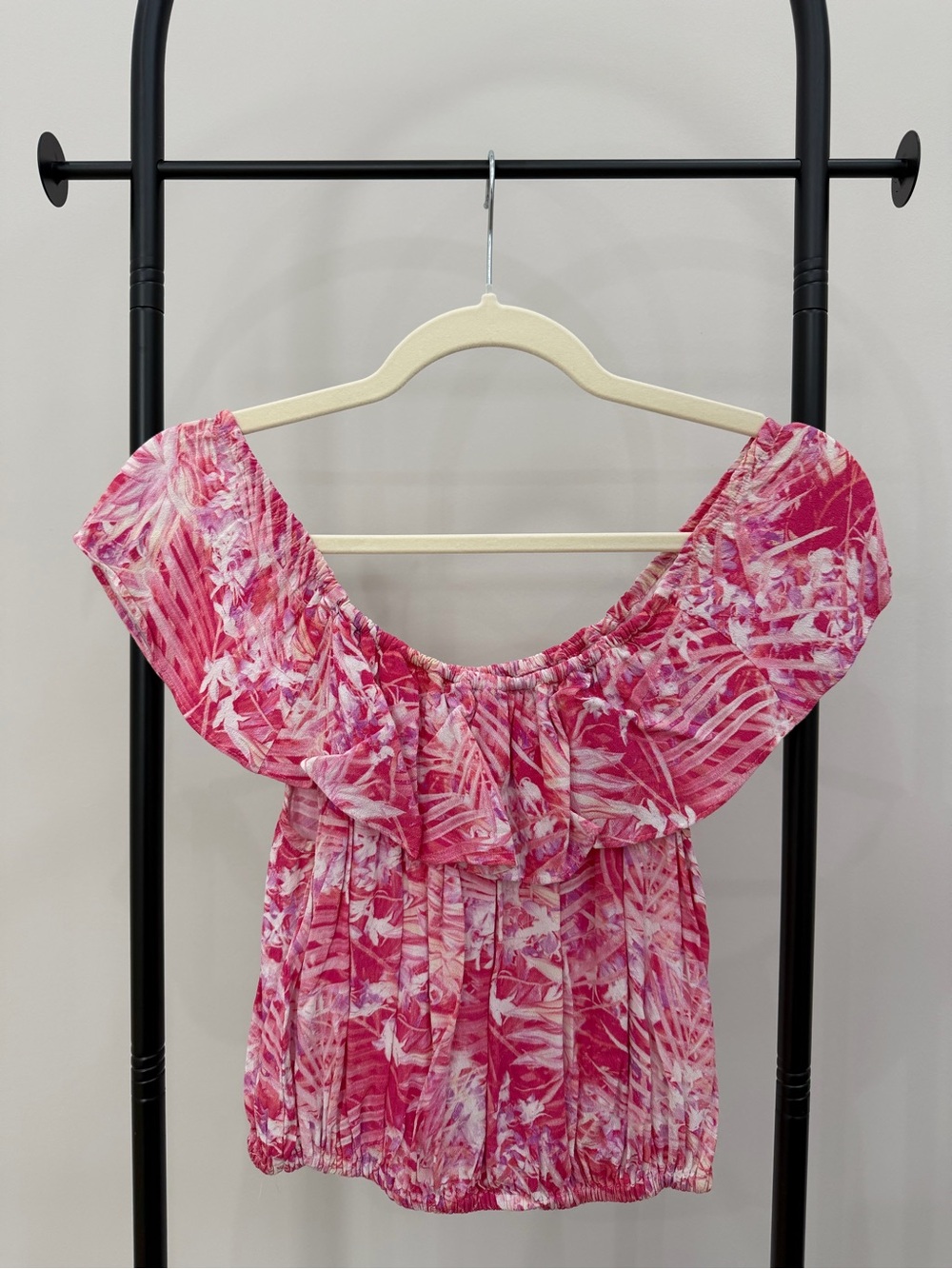 Forever New Hot Pink Tropical Ruffle Off-Shoulder Crop Top